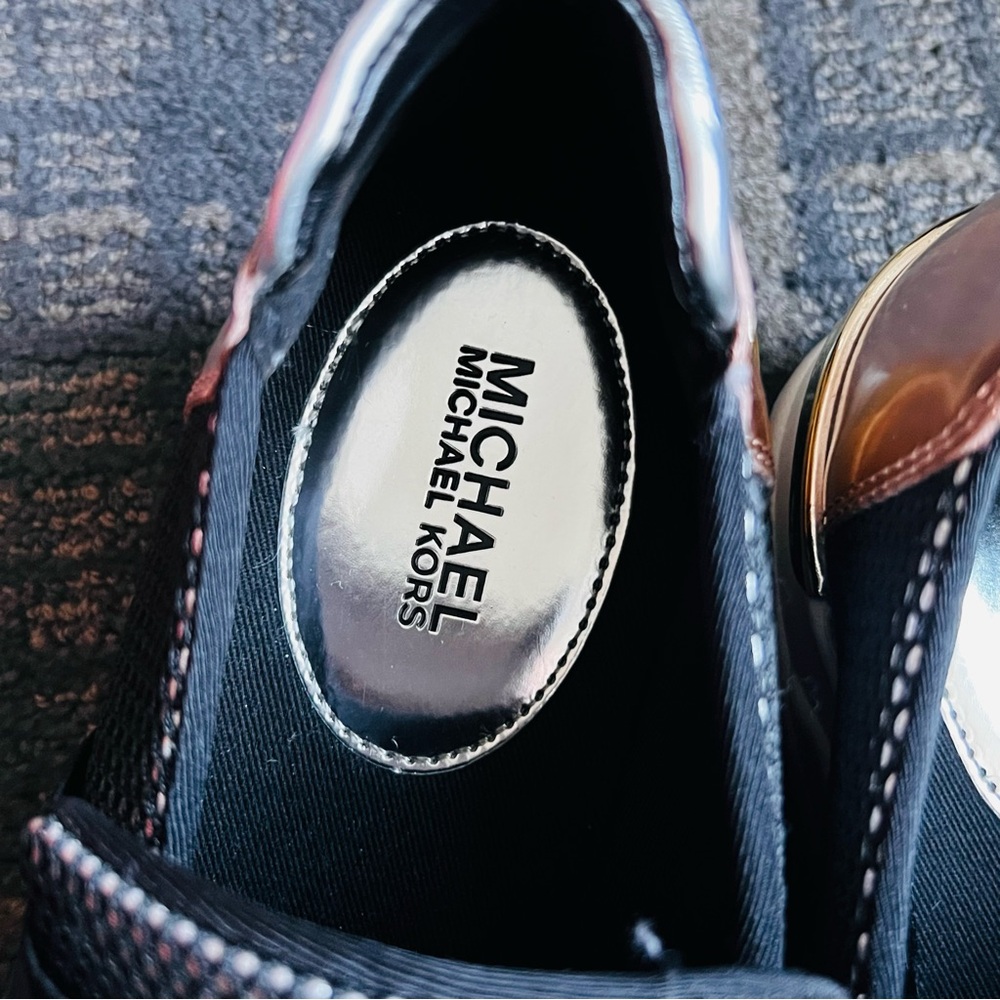 Michael KORS " FELIX " Black Silver Gold MESH MK Logo Wedge Sneakers Size 9 - Picture 5 of 9